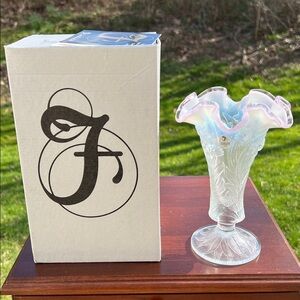VTG Fenton Daffodil Flower French Opalescent Pink Rose Crest Glass Ruffled Vase